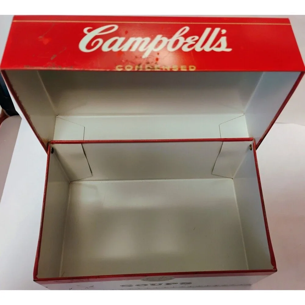 Vintage Campbell's Soup Recipe Box Metal Tin storage With Recipe Cards Vtg